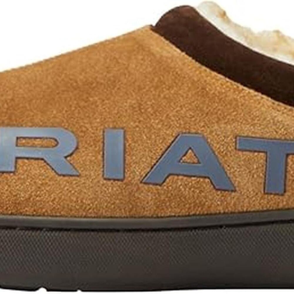 Ariat Mens Logo Hooded Suede Clog Slippers Brown Size 8 New Faux Fur Lined